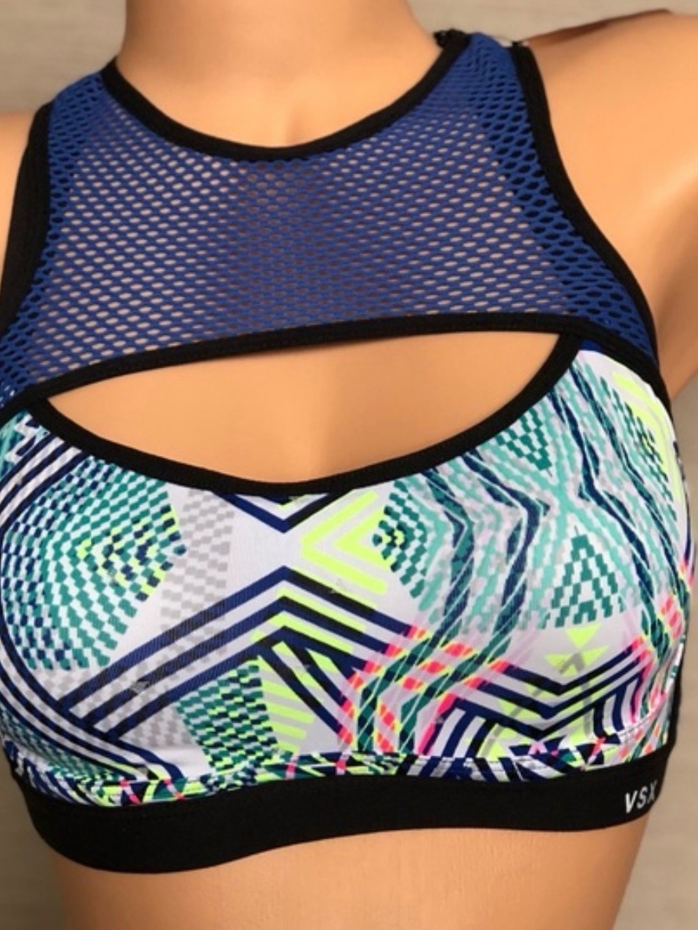 VSX Multicolor Geometric Print Athletic Swim Top in Blue and Black